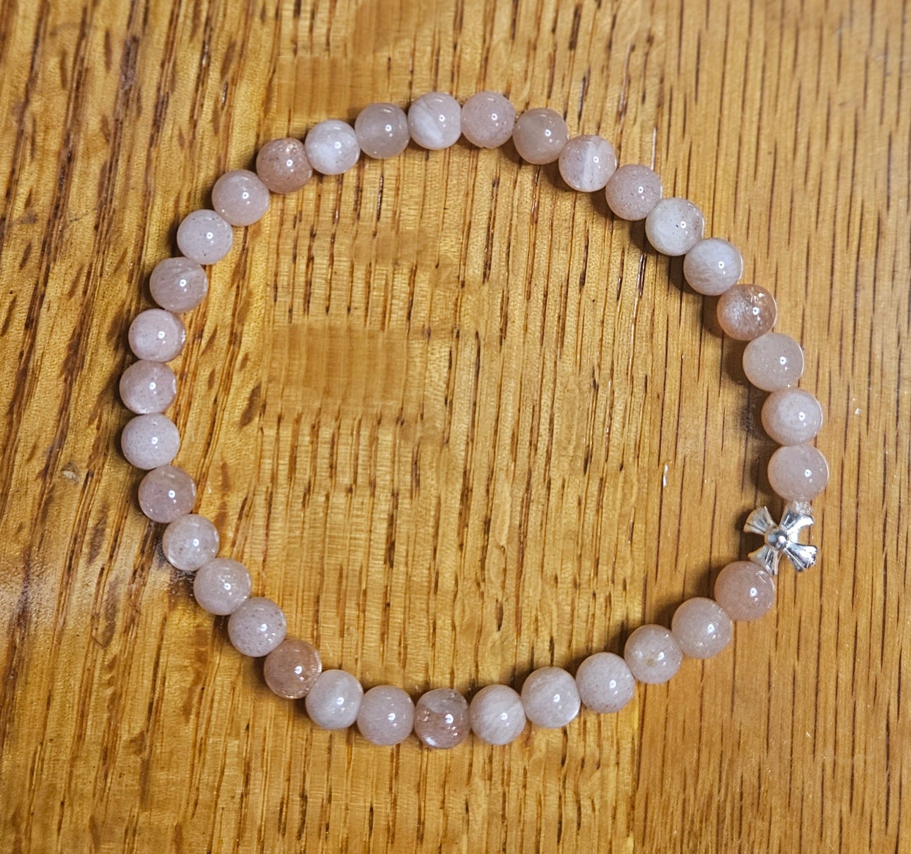 Peach Moonstone Orthodox komboskini prayer rope bracelet with 925 sterling silver cross - [Large]
