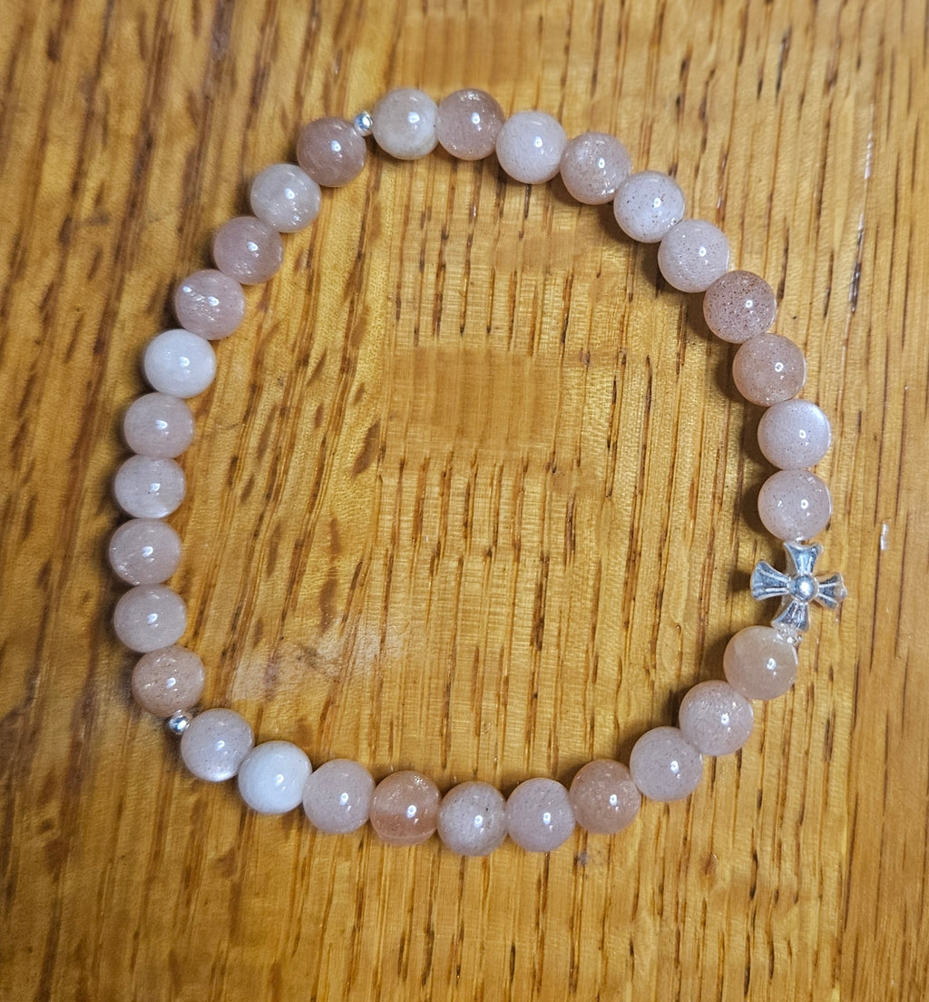 Peach Moonstone Orthodox komboskini prayer rope bracelet with 925 sterling silver cross - [Medium]