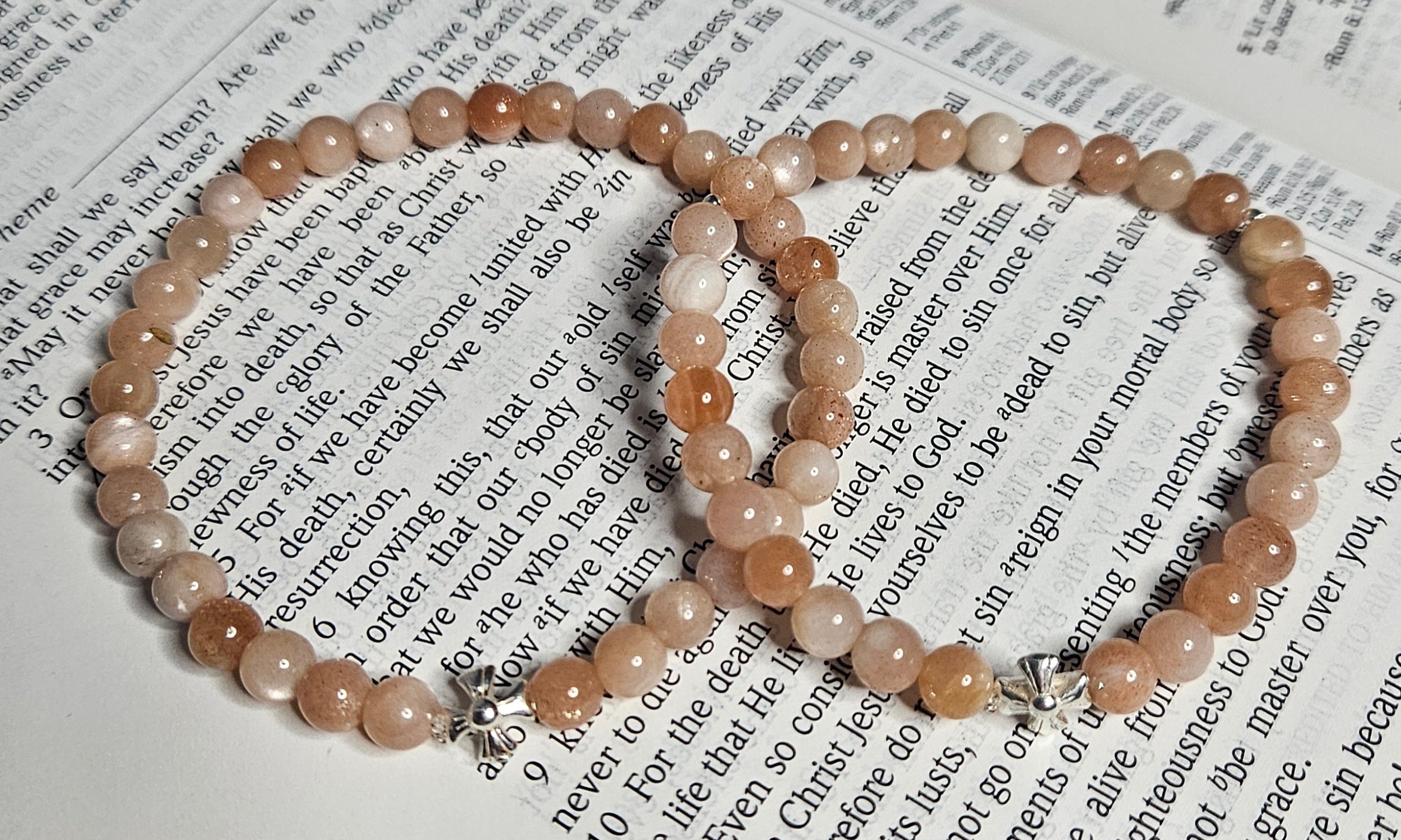Peach Moonstone Orthodox komboskini prayer rope bracelet with 925 sterling silver cross
